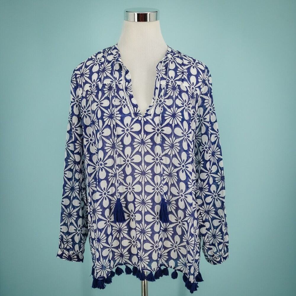 Roller Rabbit Size Small S Blue Floral Tie Tassel Fringe Long Sleeve Cotton Top
